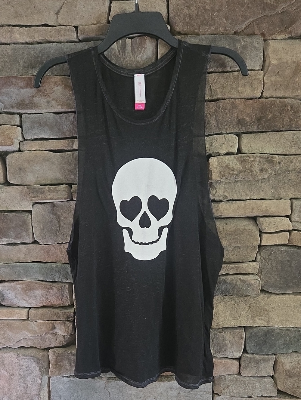 Black Muscle Tank with White Heart-Eye Skull Graphic